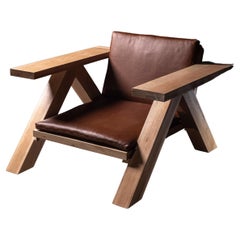 Outdoor / Indoor Oak Lounge Chair with Real Leather Seat 