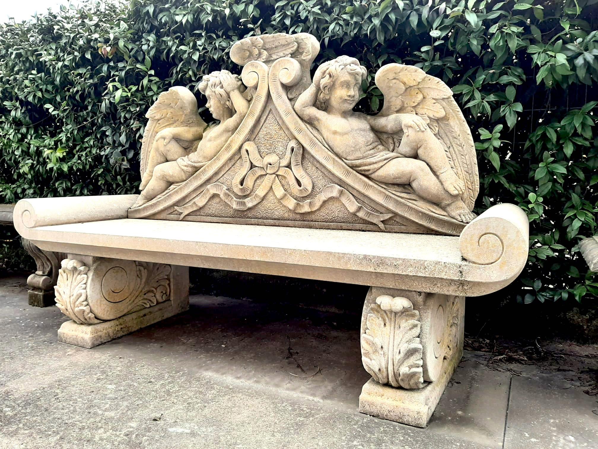 Limestone Outdoor Italian Finely Carved Large Lime Stone Bench Garden Furniture For Sale