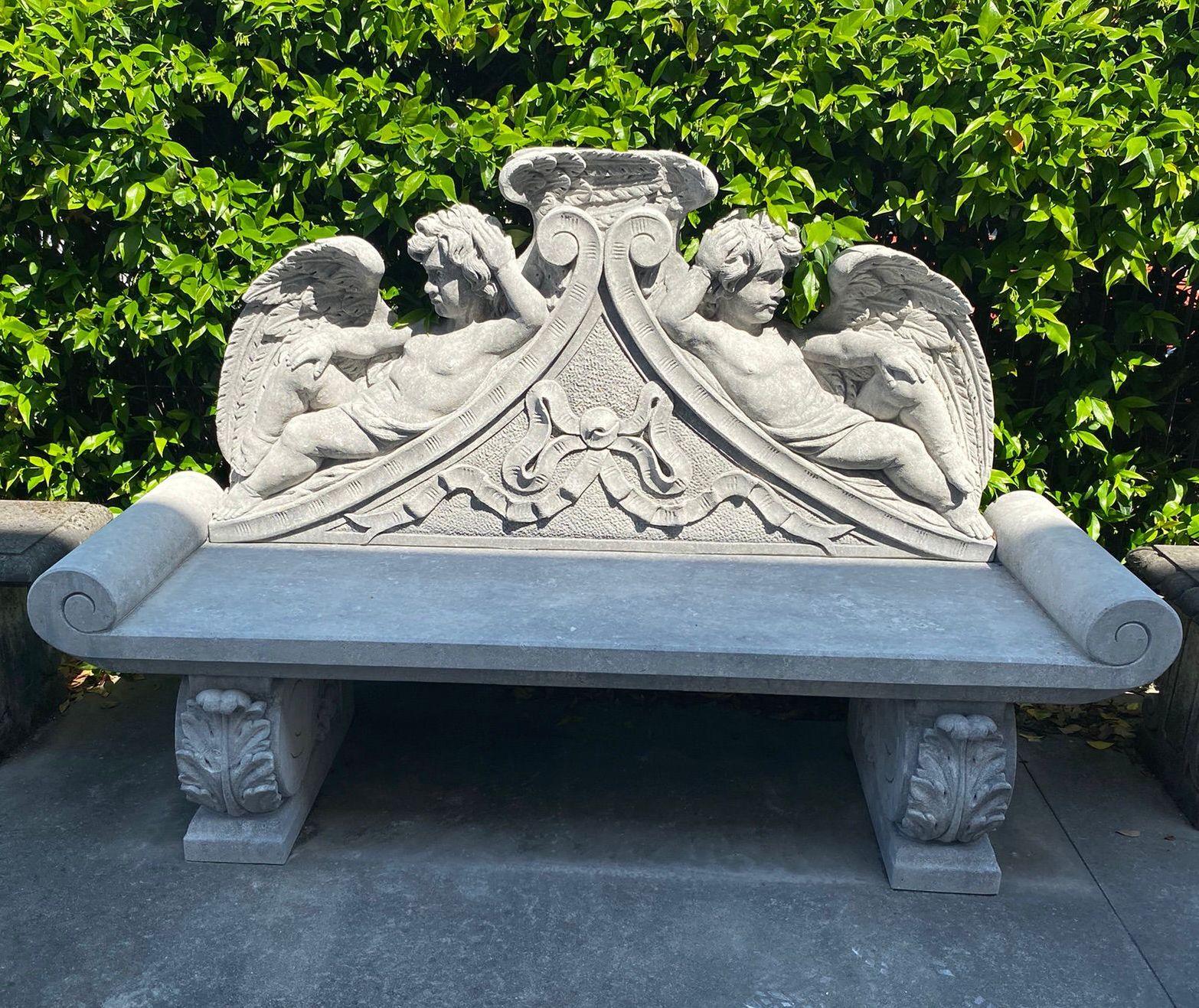 Outdoor Italian Finely Carved Large Lime Stone Bench Garden Furniture For Sale 2