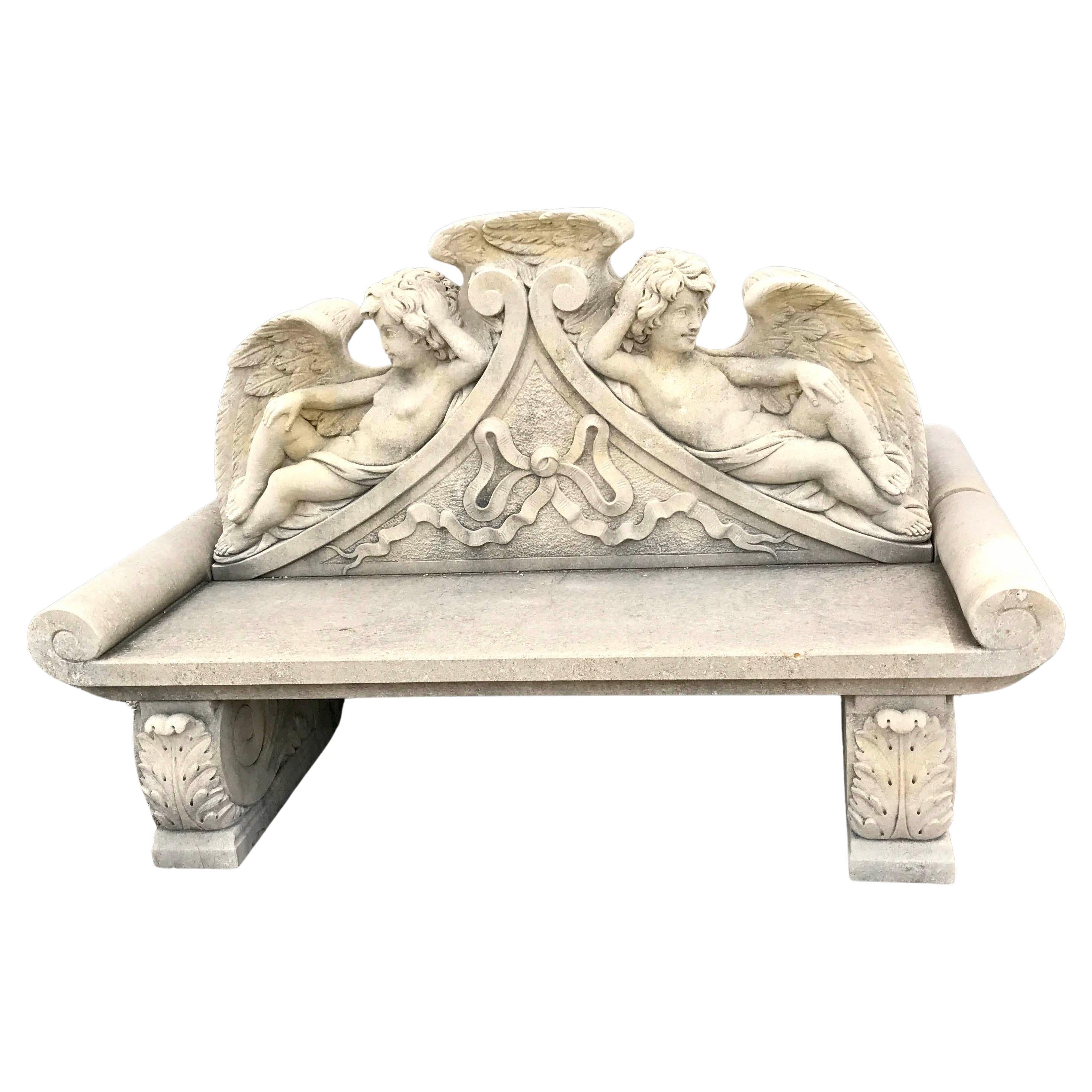 Outdoor Italian Finely Carved Large Lime Stone Bench Garden Furniture For Sale