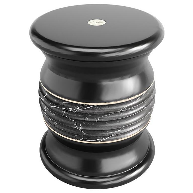 Black Marble Outdoor Lonian Stool with Gold Accents For Sale