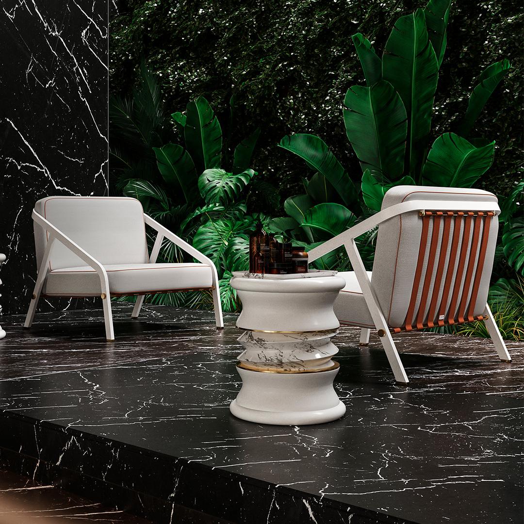 Modern Marble White Outdoor Lonian Stool with Gold Details For Sale