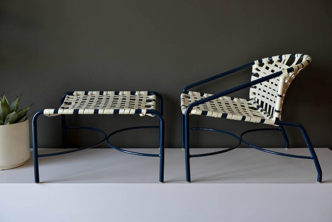 Outdoor lounge chair and ottoman by Tadao Inouye for Brown Jordan, circa 1970. Rare lounge chair version which is wider and lower than the standard chair. Matching ottoman included. Both are in very good vintage condition, the strapping is clean and