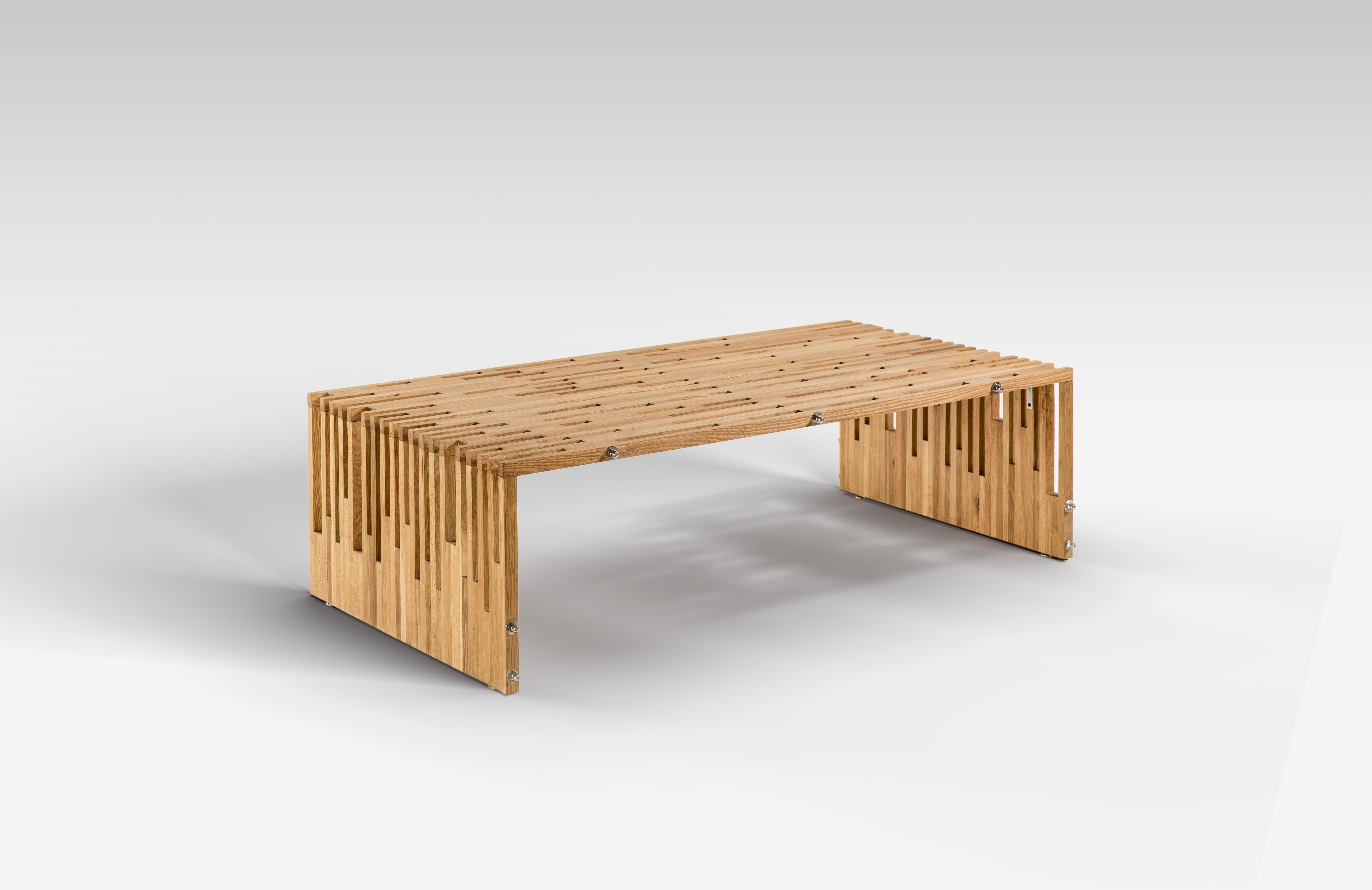 Outdoor oil-treated oak wood modern coffee table.
Embrace the freshness of summer with our sturdy Oak wood coffee table; it will be your playful, yet practical outdoor centerpiece. It possesses a beautiful combination of form and function and its