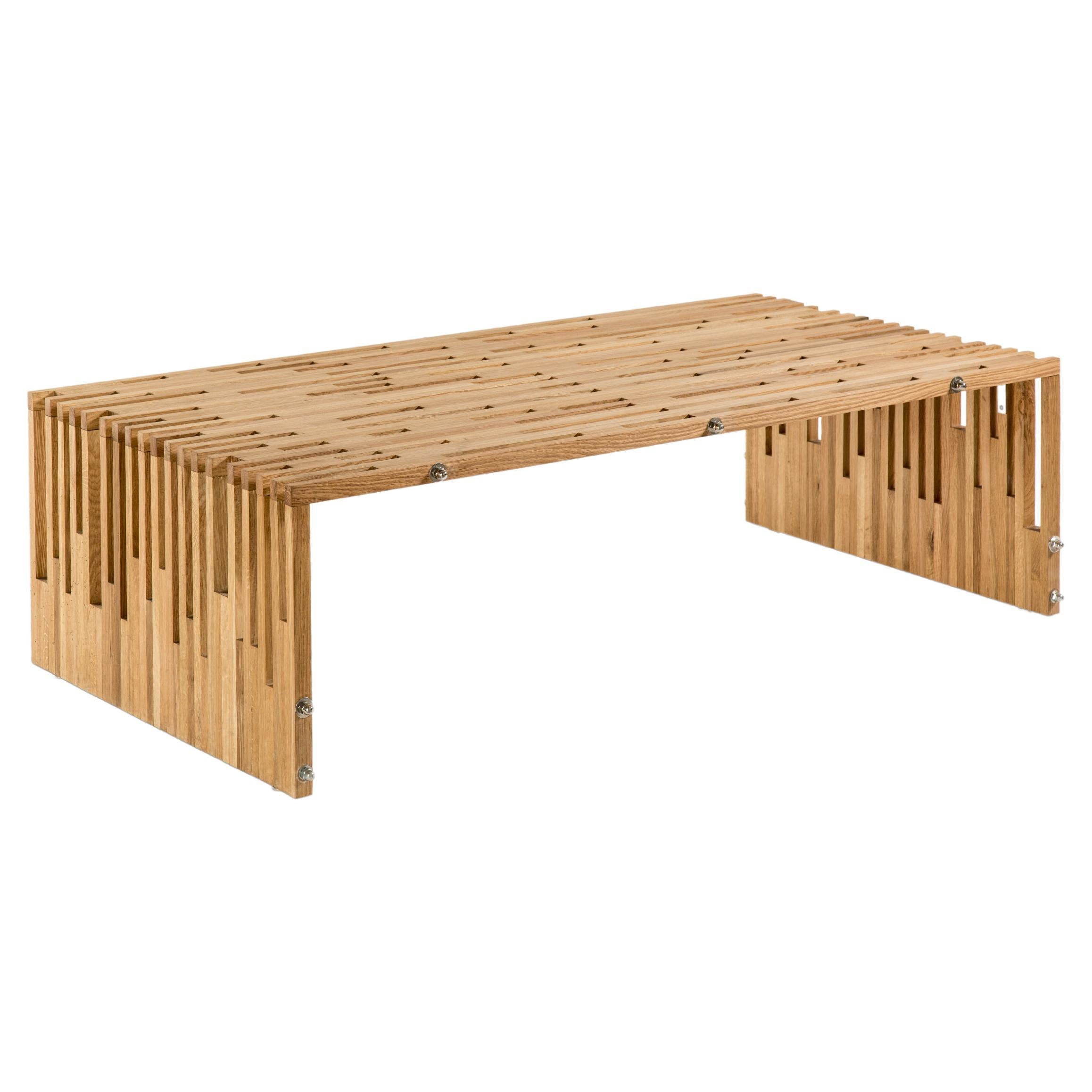 Outdoor Oil-Treated Oak Modern Coffee Table with Asymmetric Massive Wood Sticks