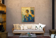 Sofá de 2 plazas de madera de roble tratada al aceite para exterior con colchón doble