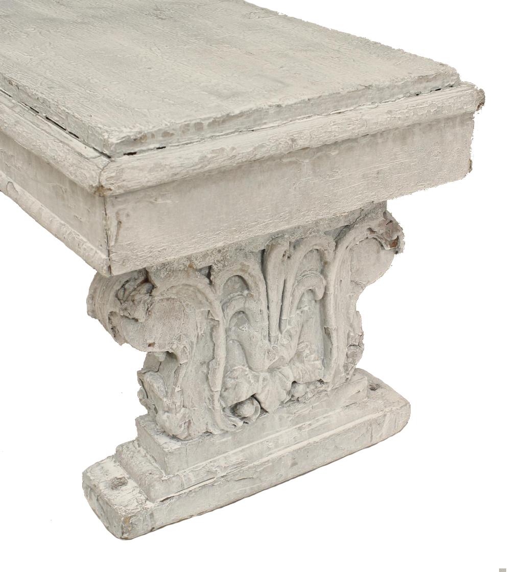 Outdoor painted wood backless garden bench with carved scroll side base