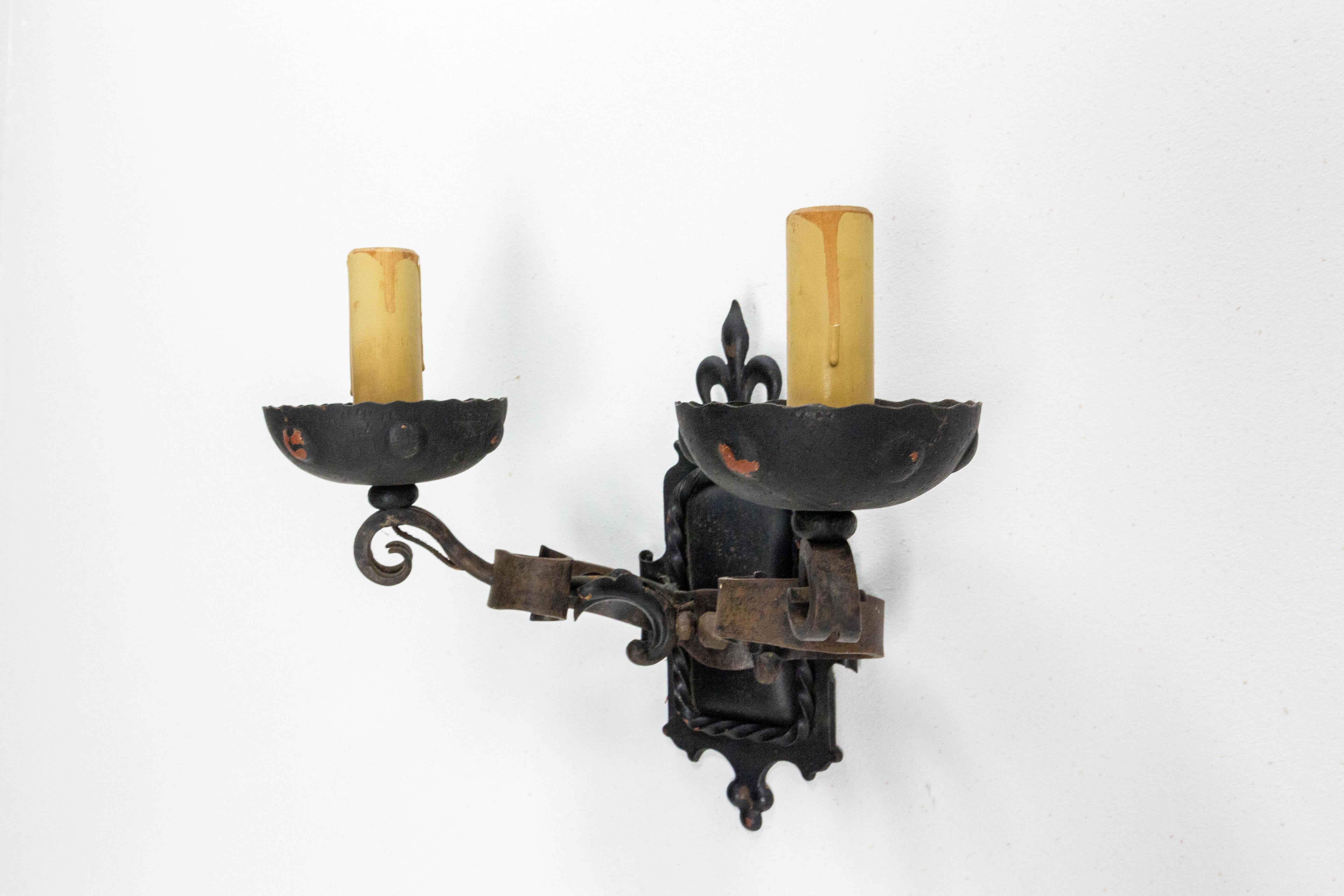 French Outdoor Pair of Sconces Exterior Wall Light Lantern Wrought Iron, C. 1960, Spain For Sale