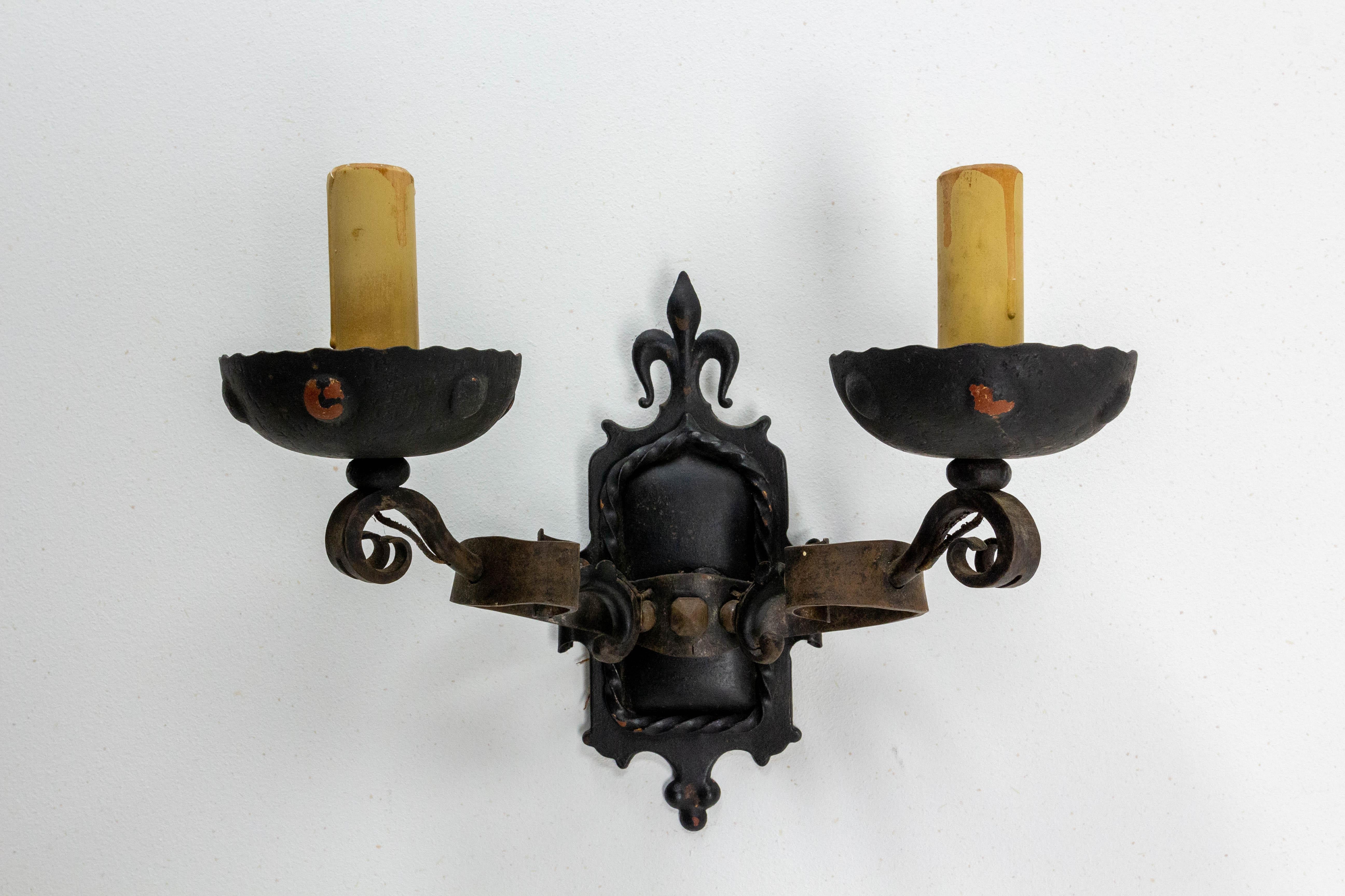 Mid-20th Century Outdoor Pair of Sconces Exterior Wall Light Lantern Wrought Iron, C. 1960, Spain For Sale