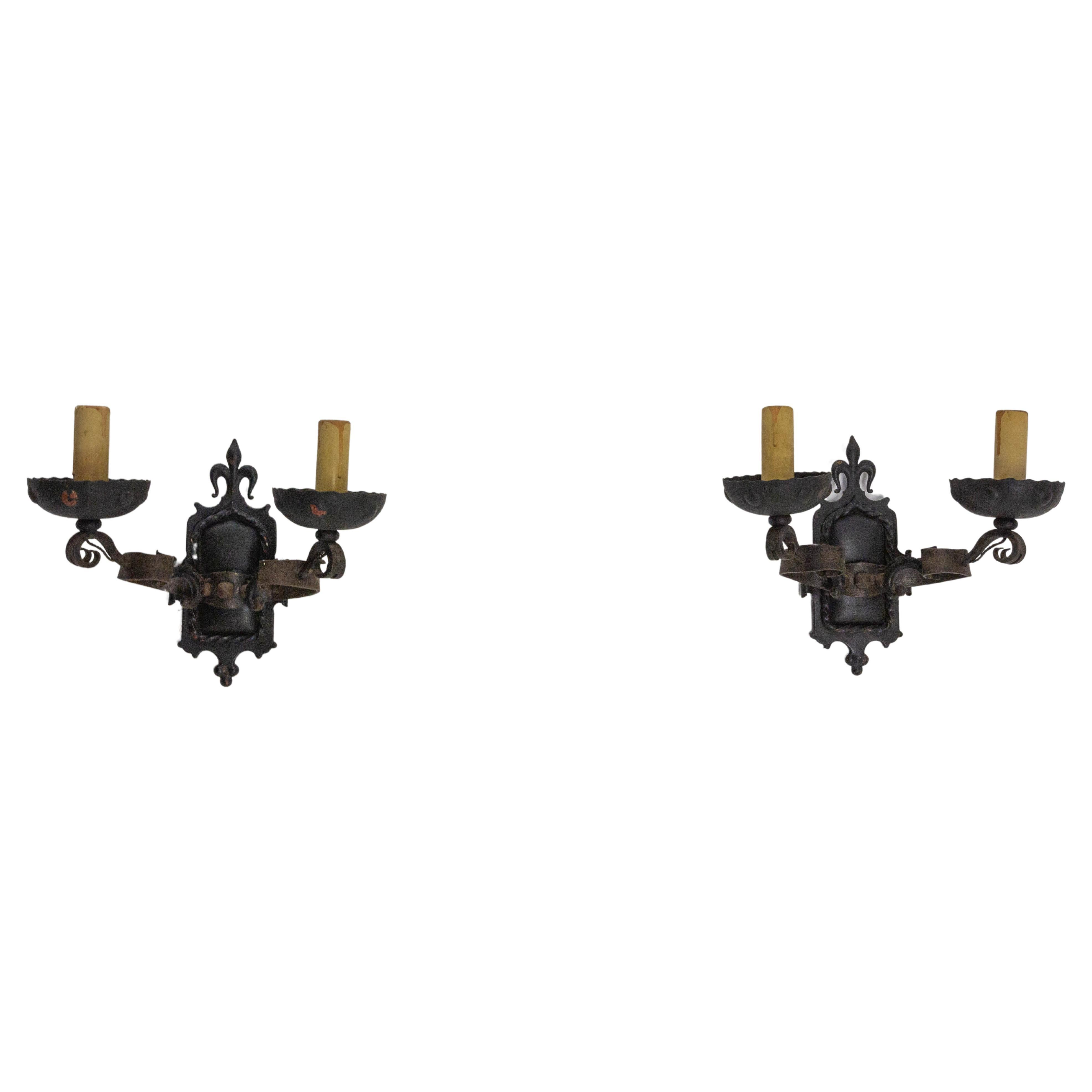 Outdoor Pair of Sconces Exterior Wall Light Lantern Wrought Iron, C. 1960, Spain For Sale