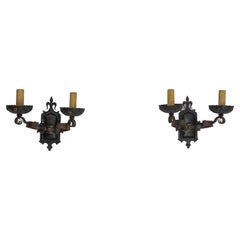 Outdoor Pair of Sconces Exterior Wall Light Lantern Wrought Iron, C. 1960, Spain