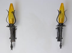 Outdoor Pair of Sconces Lanterns, Amber Glass and Wrought Iron, c. 1960, France