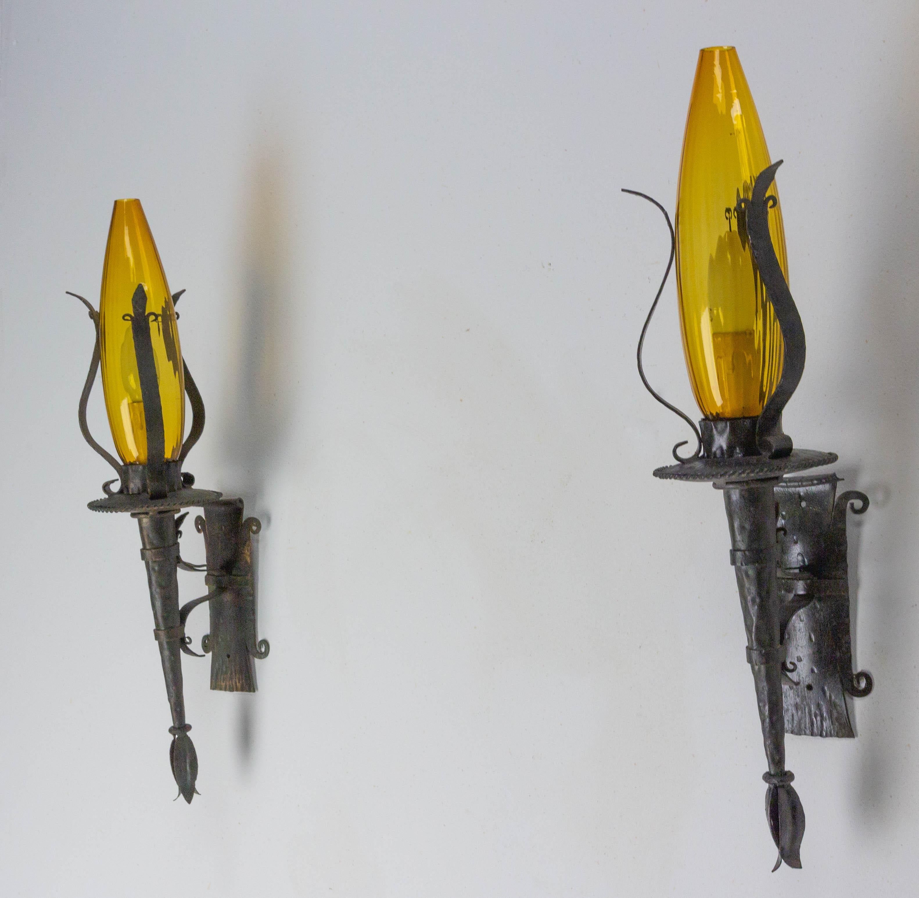 Mid-Century Modern Outdoor Pair of Sconces Lanterns, Amber Glass and Wrought Iron, c. 1960, France For Sale