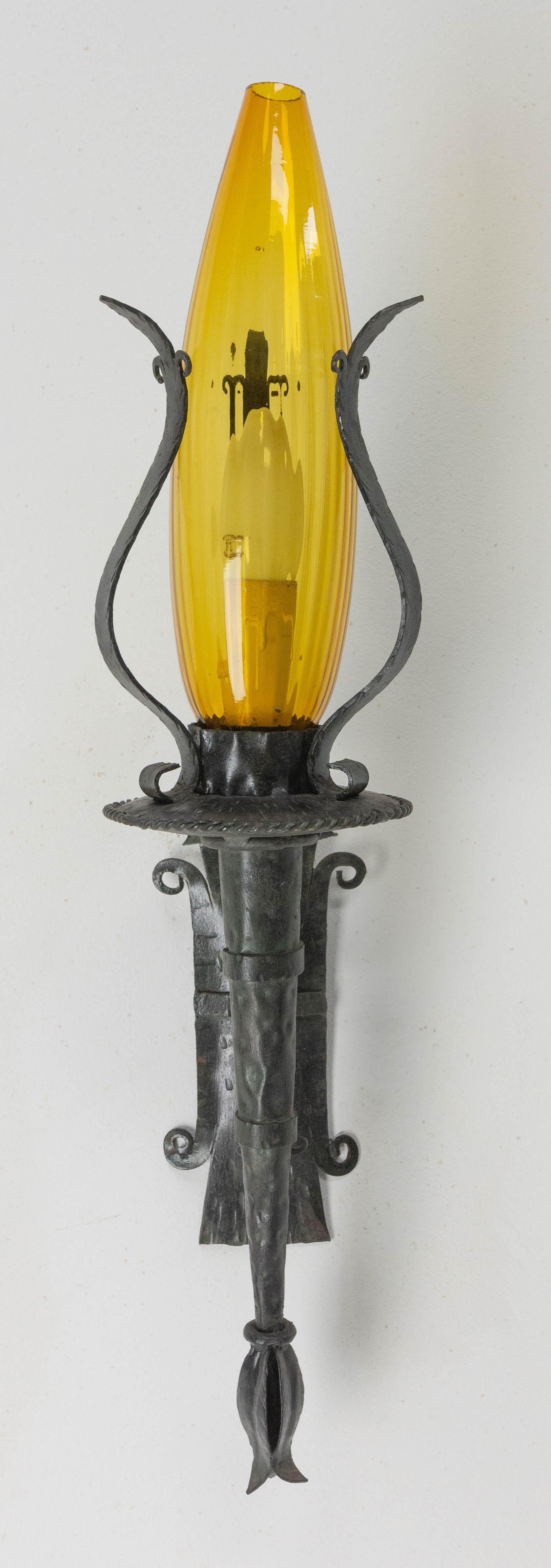 Outdoor Pair of Sconces Lanterns, Amber Glass and Wrought Iron, c. 1960, France In Good Condition For Sale In Labrit, Landes