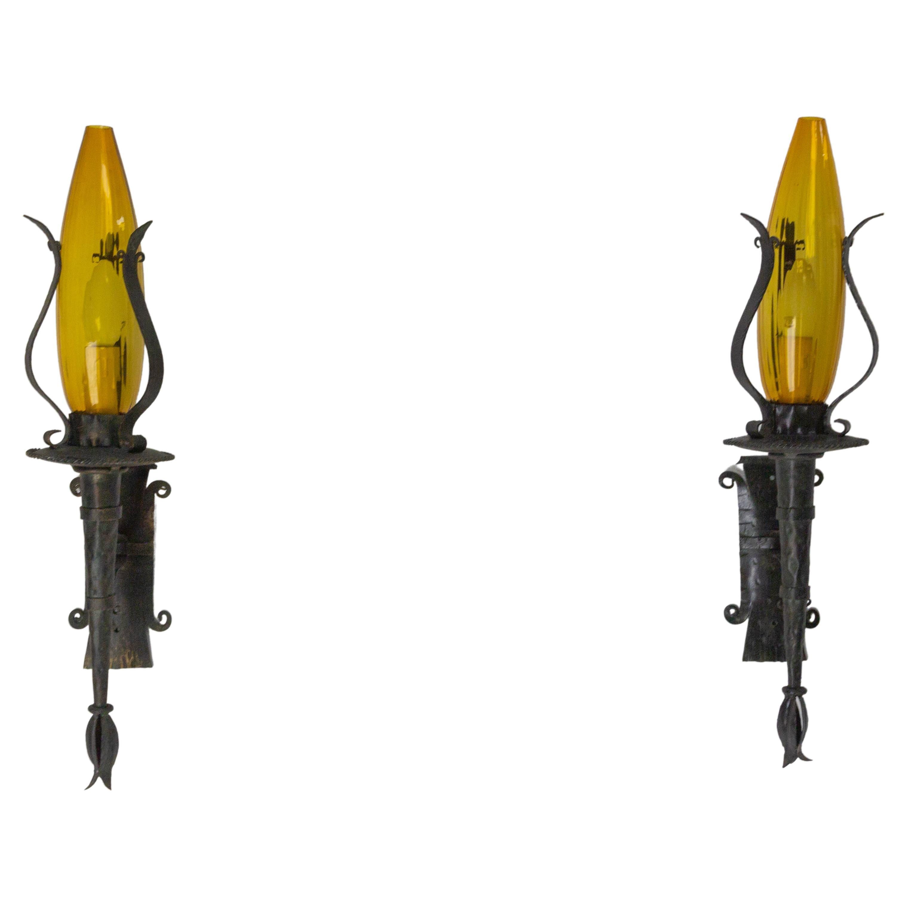 Outdoor Pair of Sconces Lanterns, Amber Glass and Wrought Iron, c. 1960, France For Sale