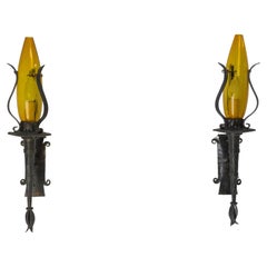 Outdoor Pair of Sconces Lanterns, Amber Glass and Wrought Iron, c. 1960, France