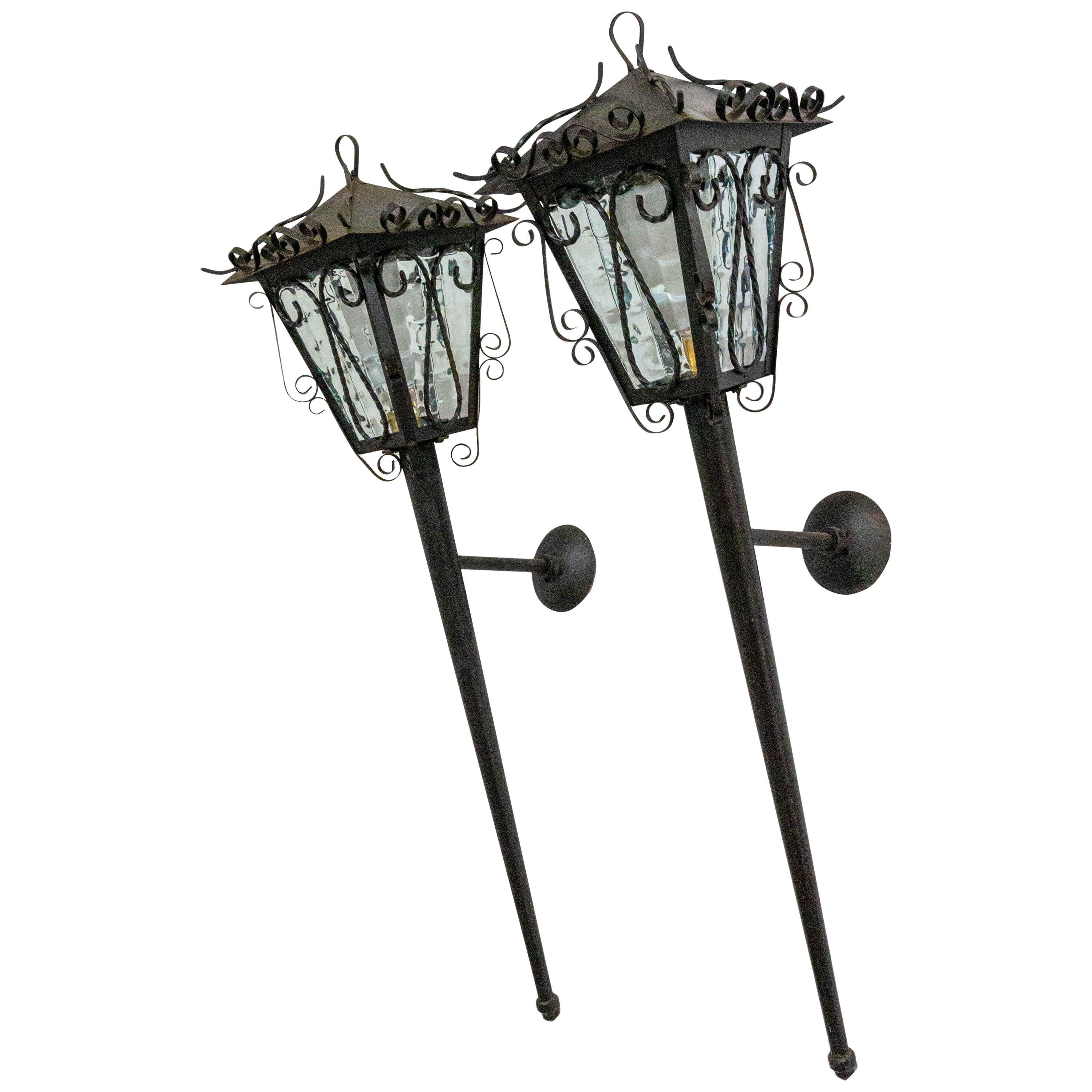 Outdoor Pair Sconces Exterior Wall Light Lantern Iron Glass, French 