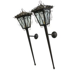 Vintage Outdoor Pair Sconces Exterior Wall Light Lantern Iron Glass, French 