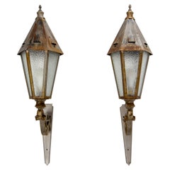 Vintage Outdoor Pair Sconces Exterior Wall Light Lantern Iron Glass, French 