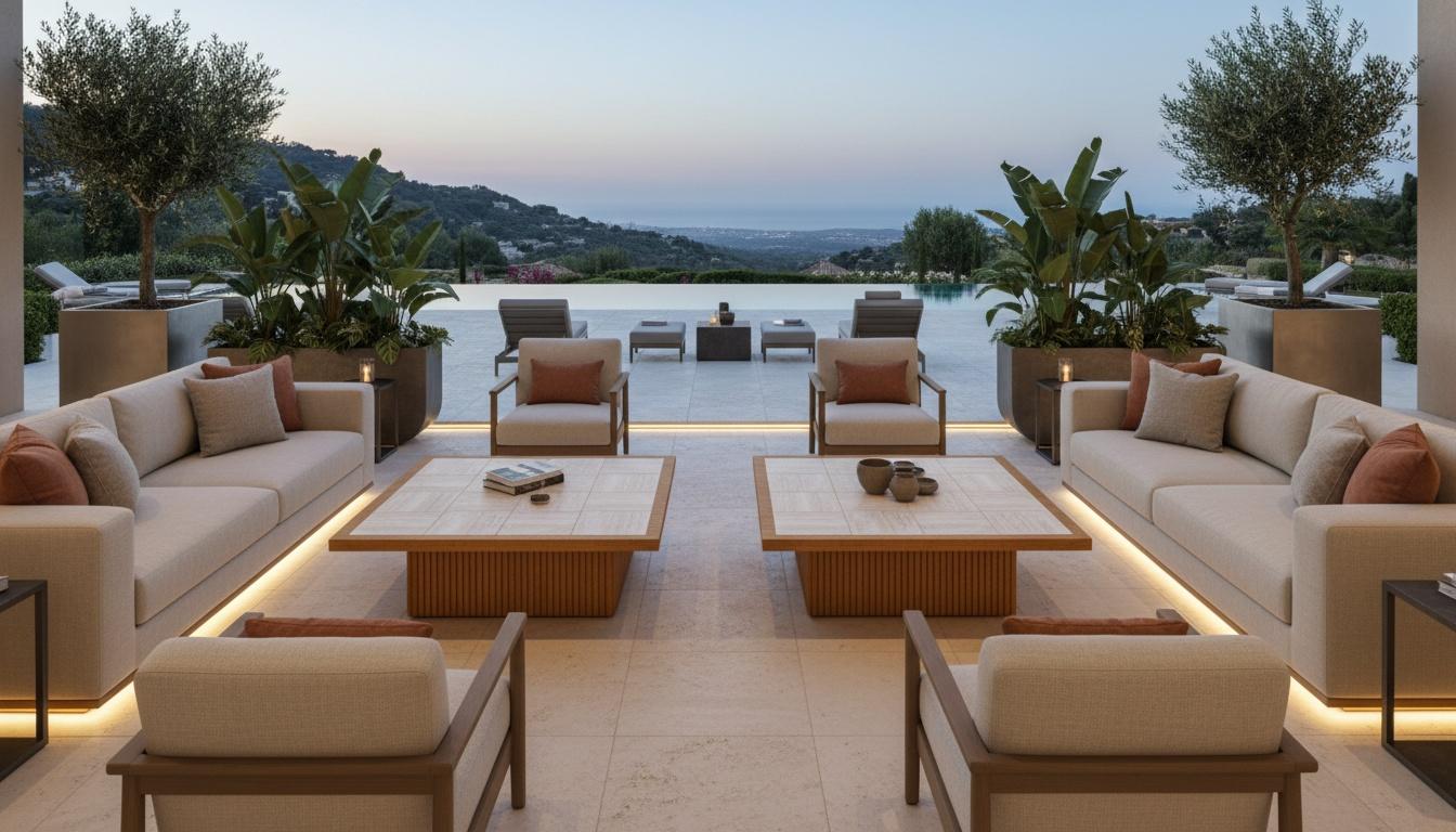 Palau Couchtisch für den Außenbereich - Eleganter Couchtisch aus Iroko-Holz mit skulpturalem Sockel (Moderne) im Angebot