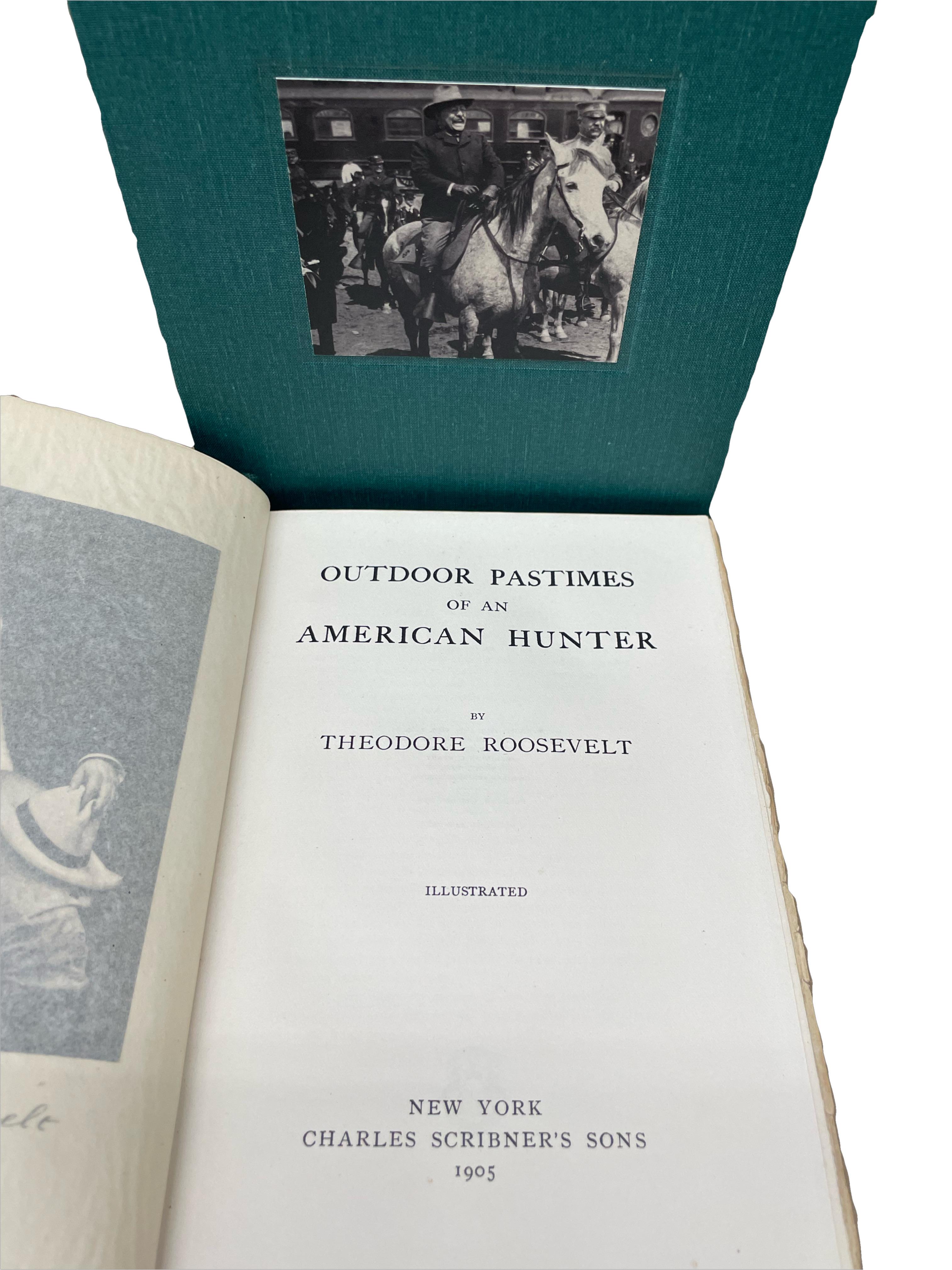 Roosevelt, Theodore. Outdoor Pastimes of an American Hunter. New York: Charles Scribner’s Sons, 1905. First Edition. Quarto. Newly bound in quarter leather and cloth boards, with gold tooling, titles, and raised bands to the spine. Illustrated with