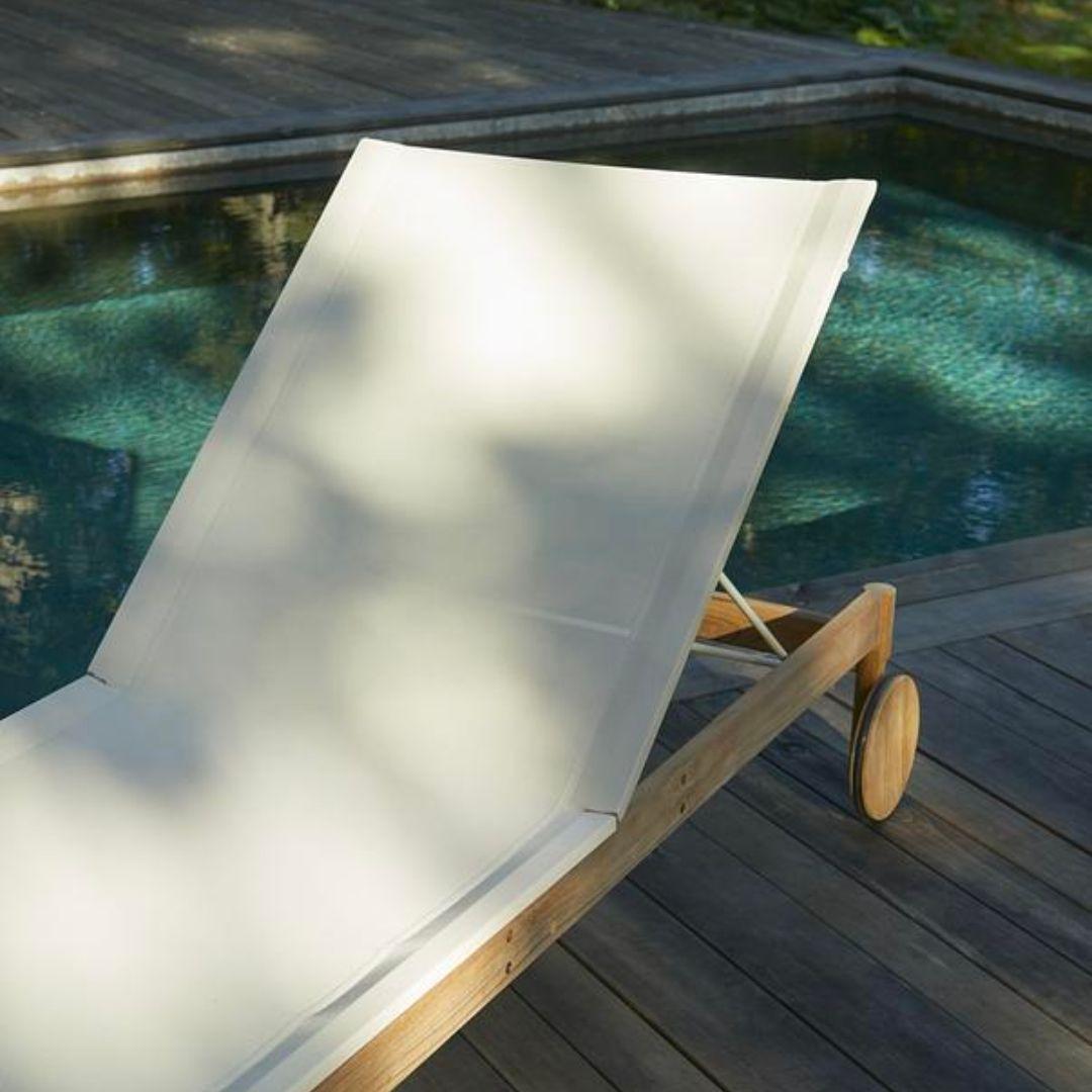 Outdoor 'Pelagus' sunbed in teak and fabric for Skagerak

Skagerak was founded in 1976 by Jesper and Vibeke Panduro, who took inspiration from their love of Scandinavian design and its rich tradition. The brand emphasizes sustainability by using