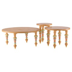 Outdoor Pitch Pine Wood Coffee Table with Carved and Colored Legs