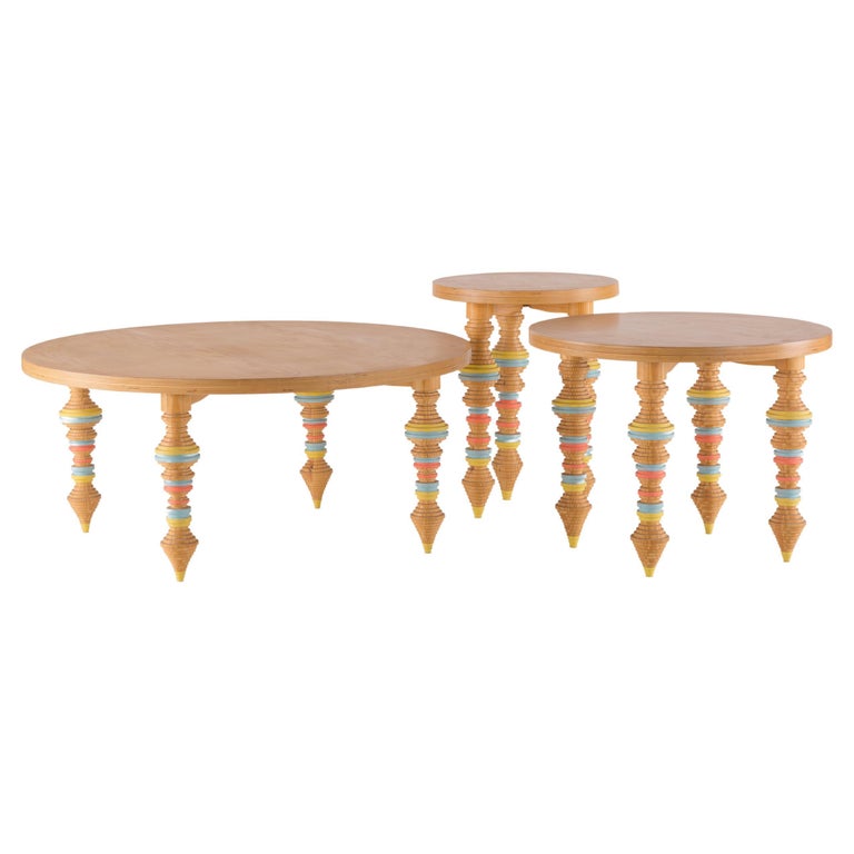 Outdoor Pitch Pine Wood Coffee Table with Carved and Colored Legs For Sale