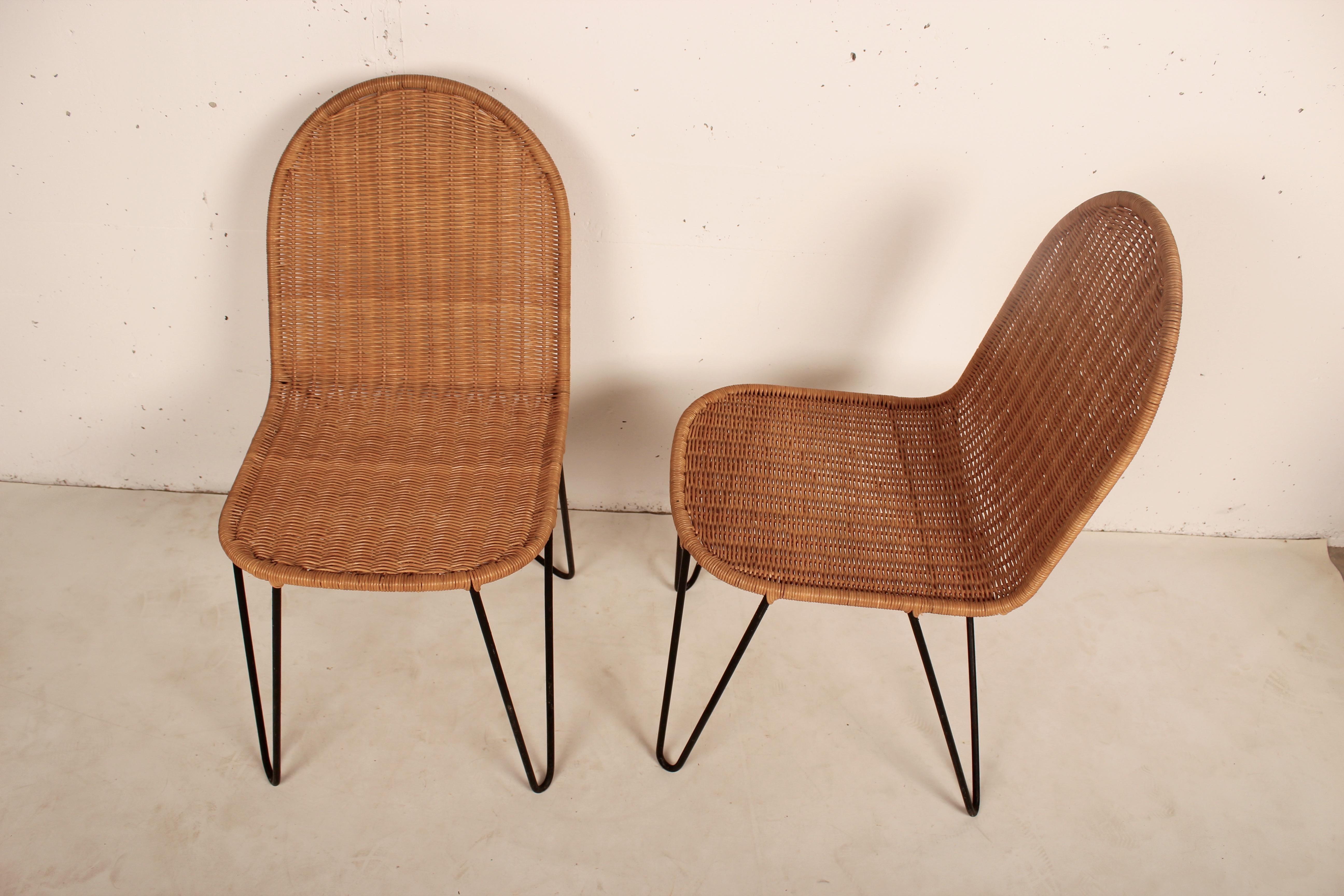 Mid-Century Modern Outdoor Rattan Wicker Set, Coffee Table and 2 Chairs by Raoul Guys, France, 1950