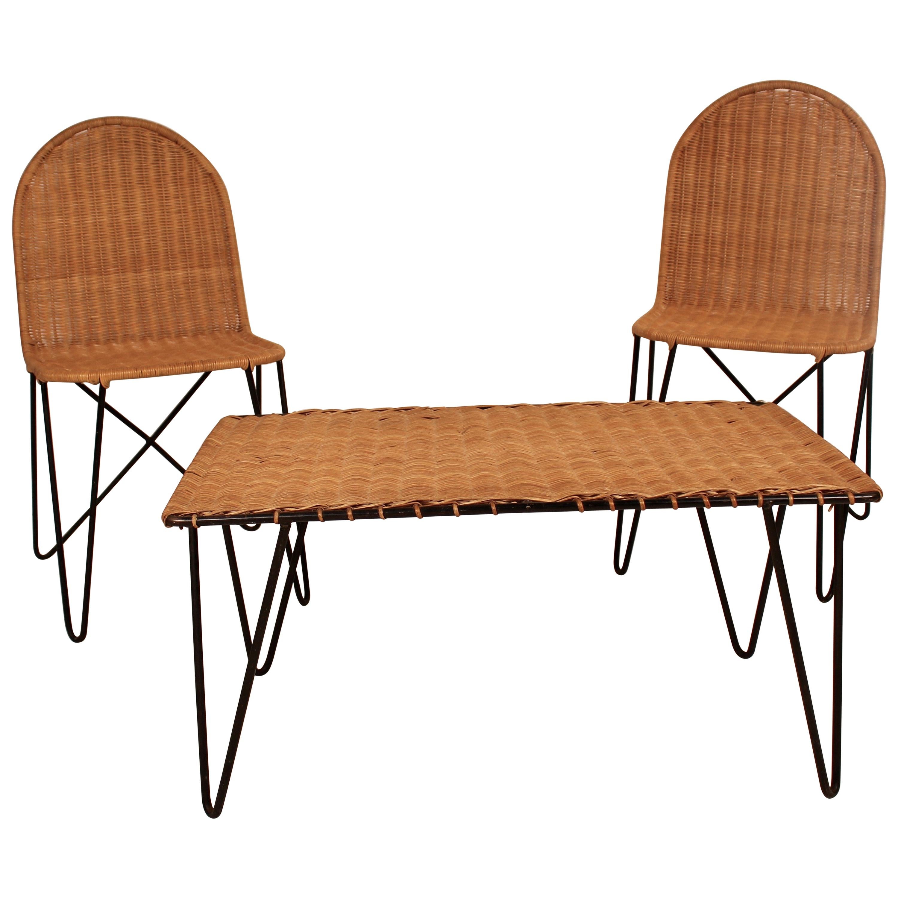 Outdoor Rattan Wicker Set, Coffee Table and 2 Chairs by Raoul Guys, France, 1950