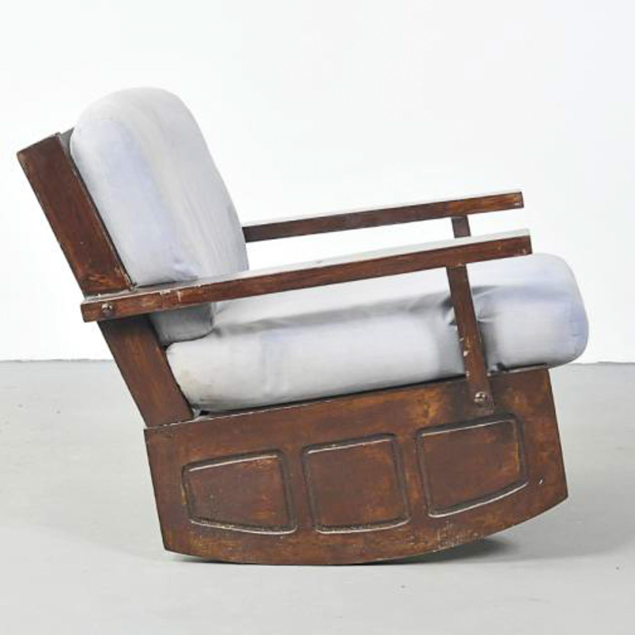 Midcentury Modern Rocking Chairs in Hardwood & Cream Aqua Block cushions, Brazil 3