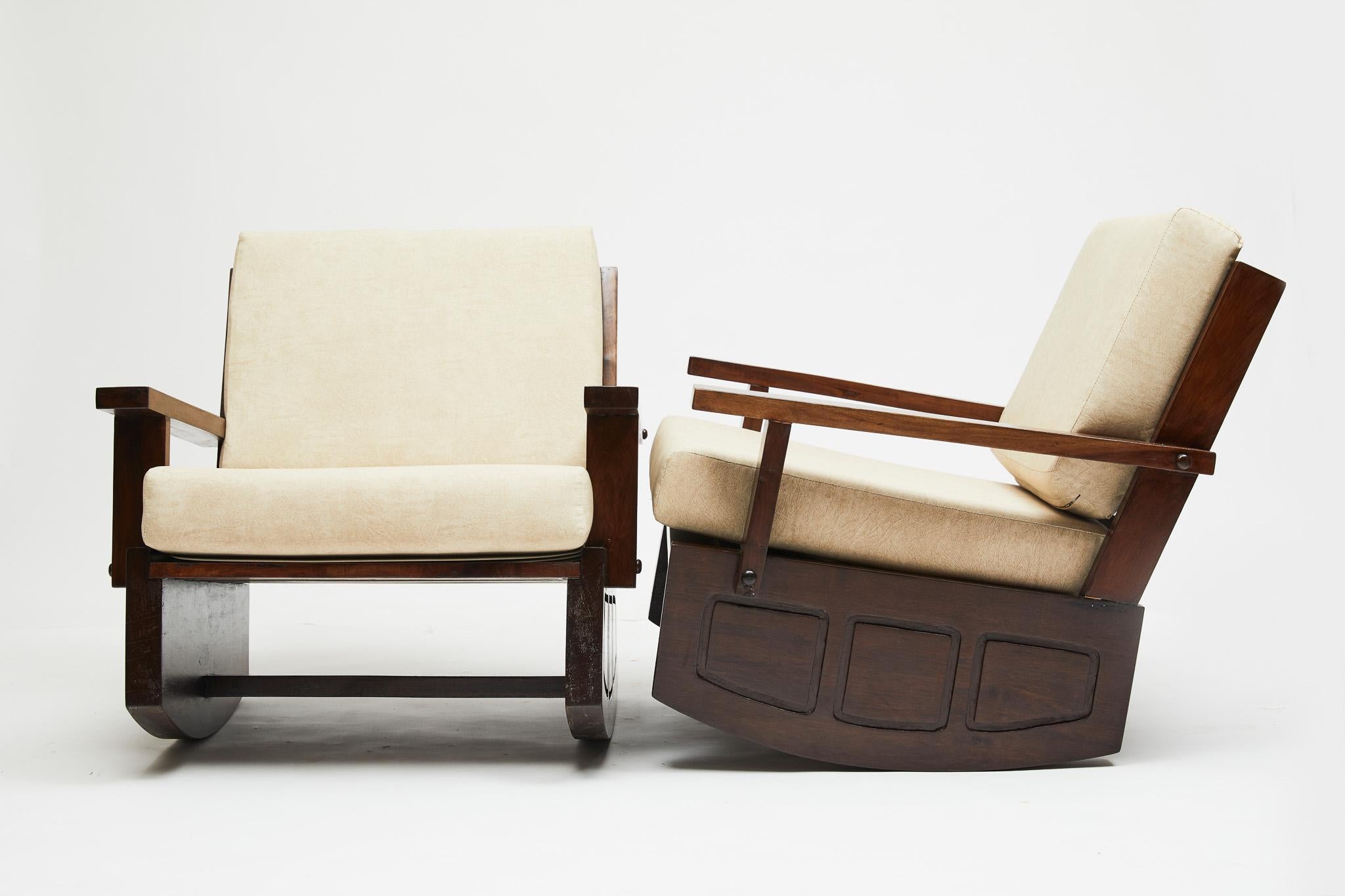 Hand-Carved Midcentury Modern Rocking Chairs in Hardwood & Cream Aqua Block cushions, Brazil
