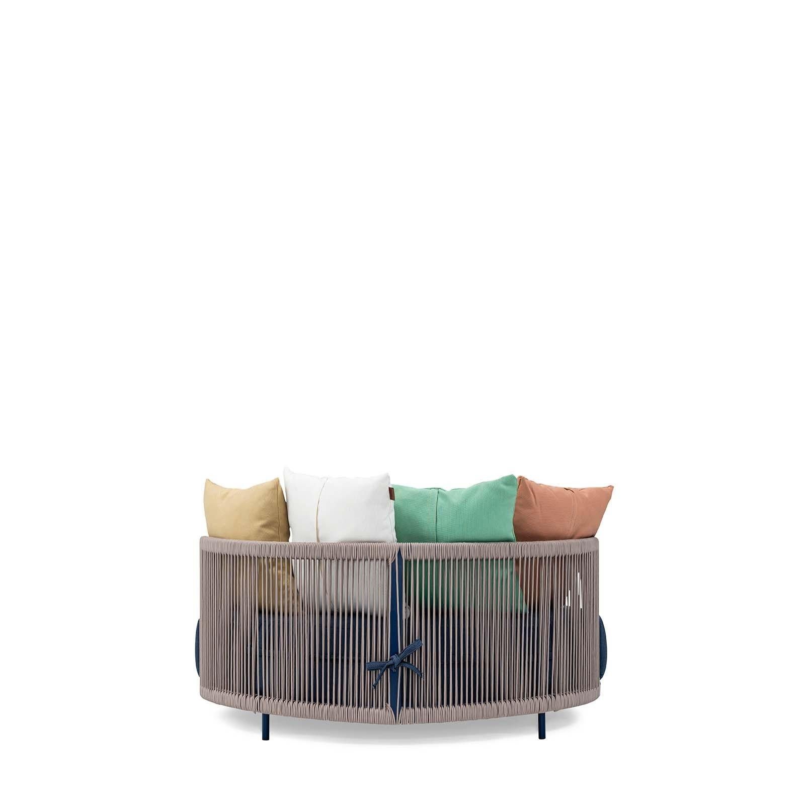 European Outdoor Round Daybed Upholstered in Fabric with Cushions For Sale