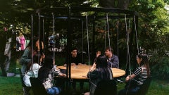 Outdoor, Round Dining Table in Steel and Lacquered Elm