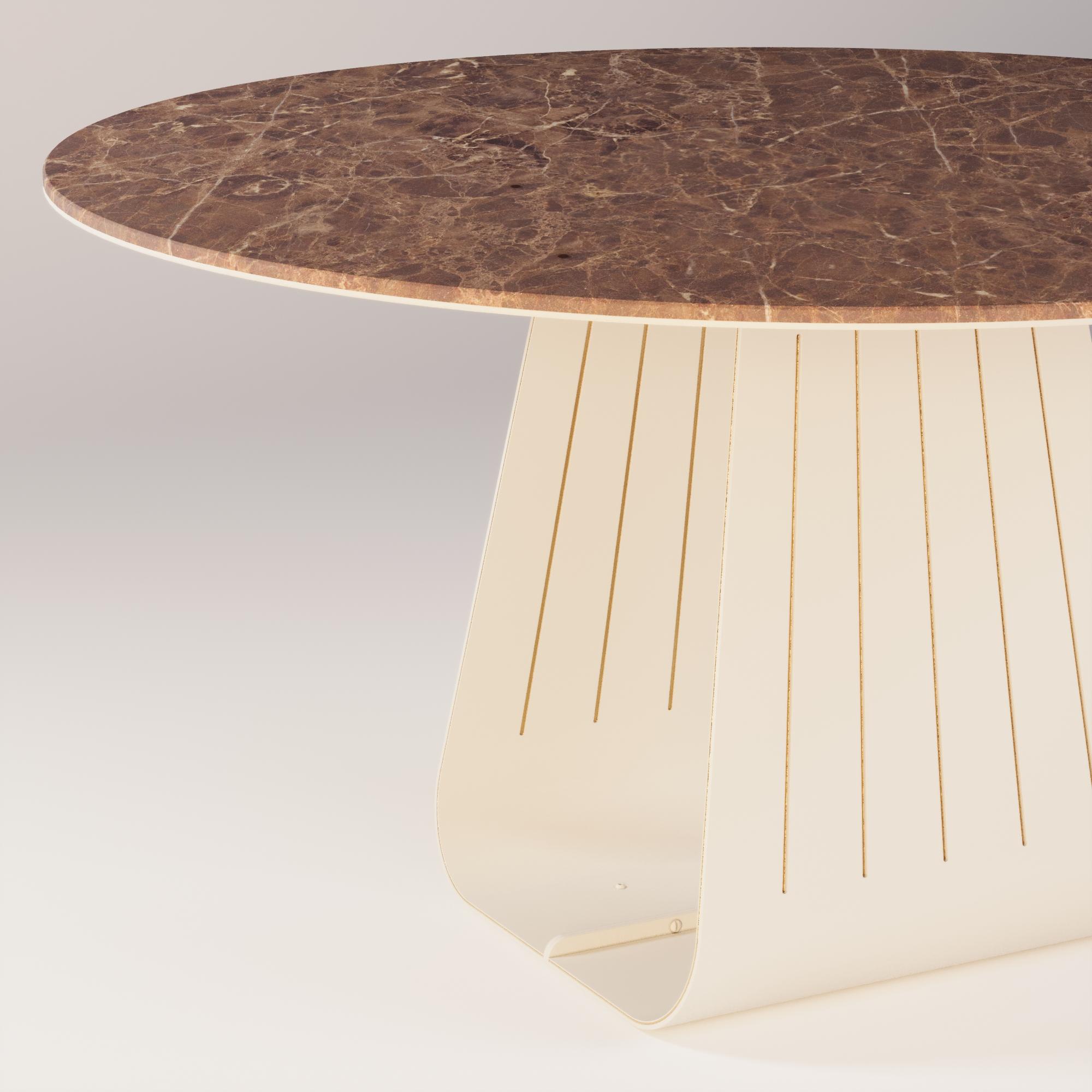 Mesa de comedor redonda Orizon 

Una mesa de comedor donde la luz se encuentra con la piedra y el metal. La encimera de mármol revela su textura única, captando todos los matices de la luz natural. La forma redonda invita a la intimidad, mientras