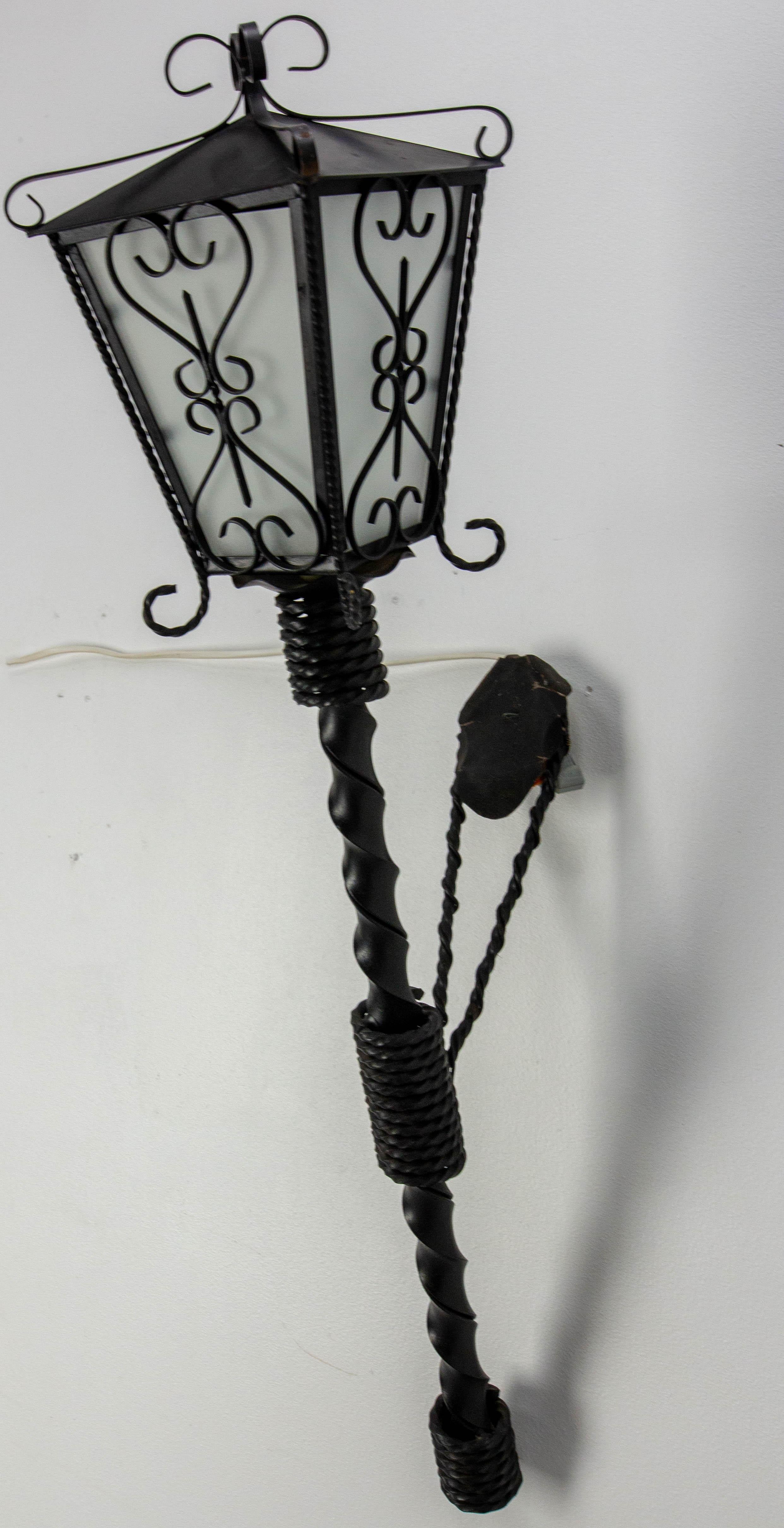 Outdoor Sconce Exterior Wall Light Lantern Iron & Glass, French In Good Condition For Sale In Labrit, Landes