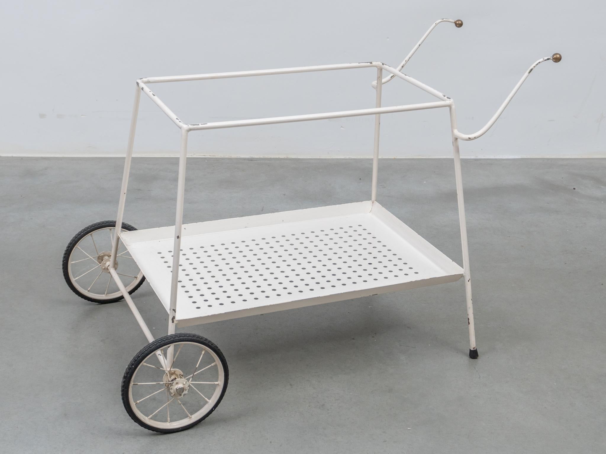 Mid-Century Modern Outdoor Serve Table with Sheet Metal Perforated Rectangular Tray, 1950s For Sale