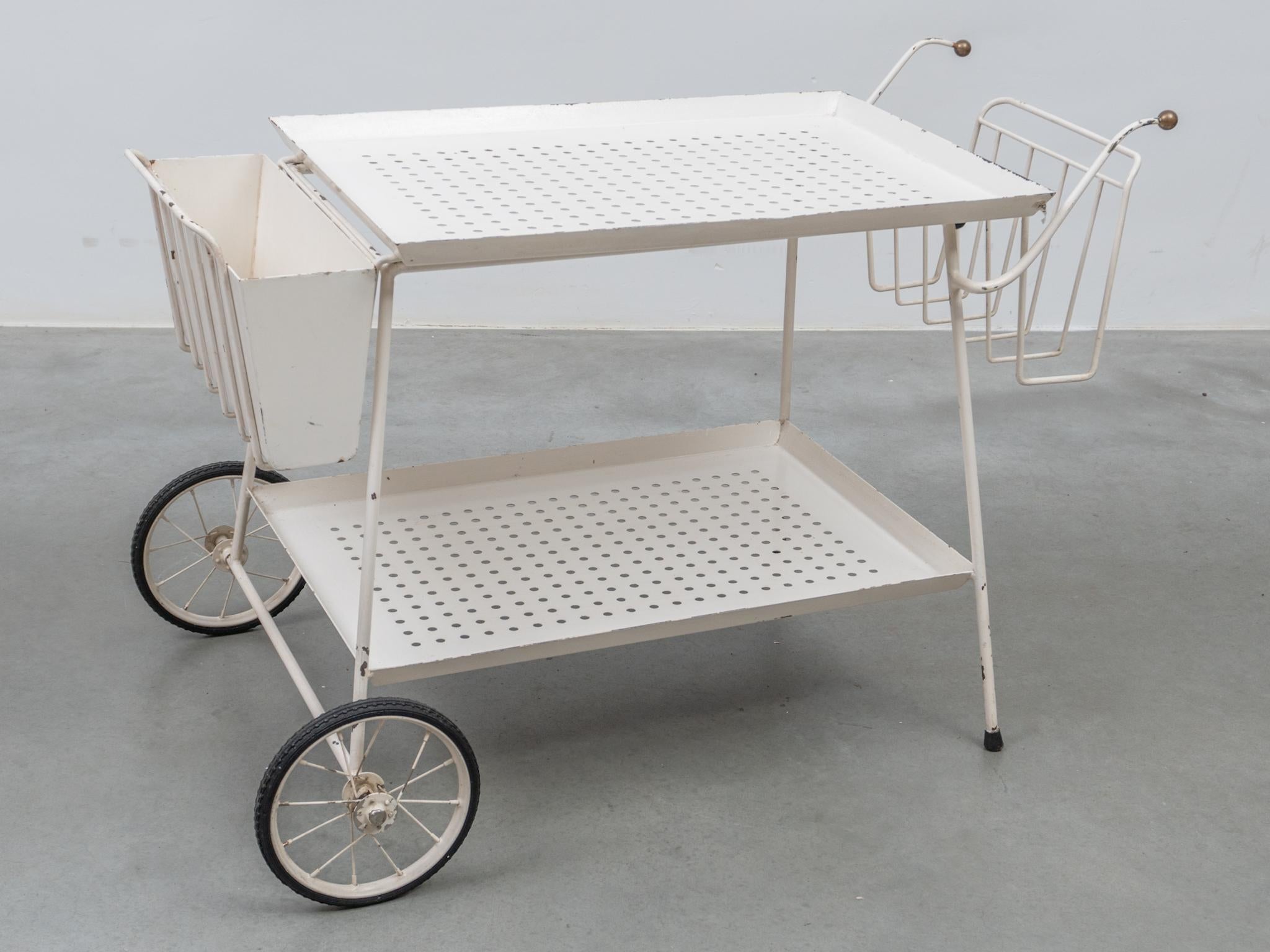 Hand-Crafted Outdoor Serve Table with Sheet Metal Perforated Rectangular Tray, 1950s For Sale