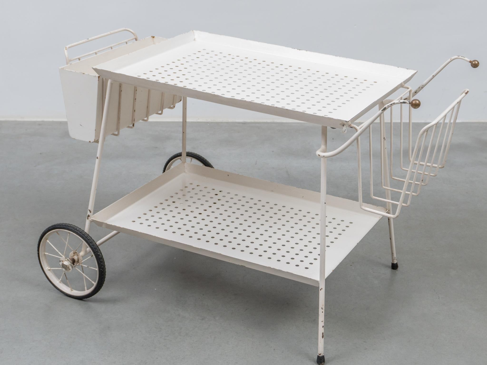 Mid-20th Century Outdoor Serve Table with Sheet Metal Perforated Rectangular Tray, 1950s For Sale
