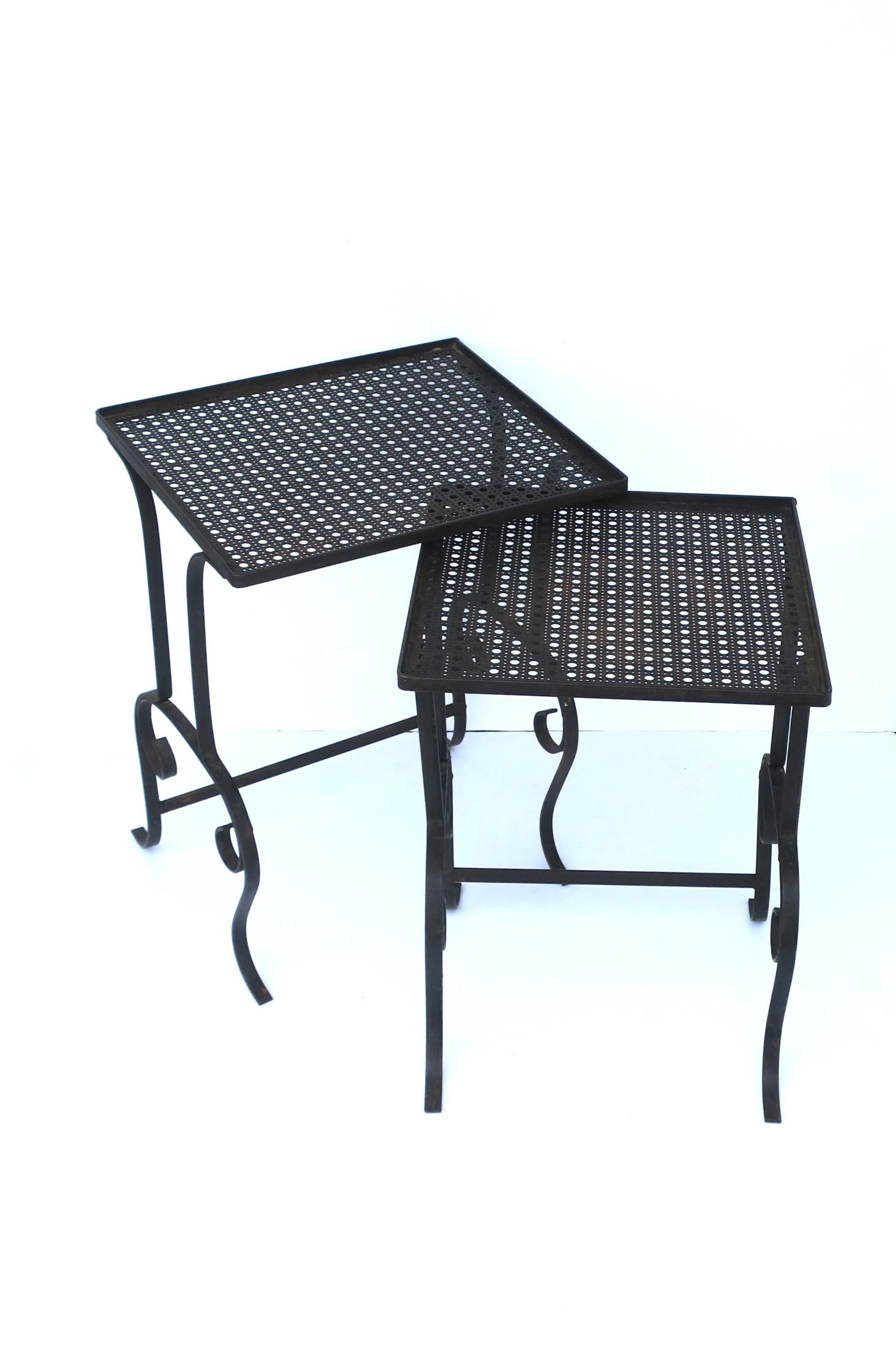 Outdoor Side Drinks Nesting Tables with Metal Cane Tops, Set/Pair In Good Condition For Sale In New York, NY