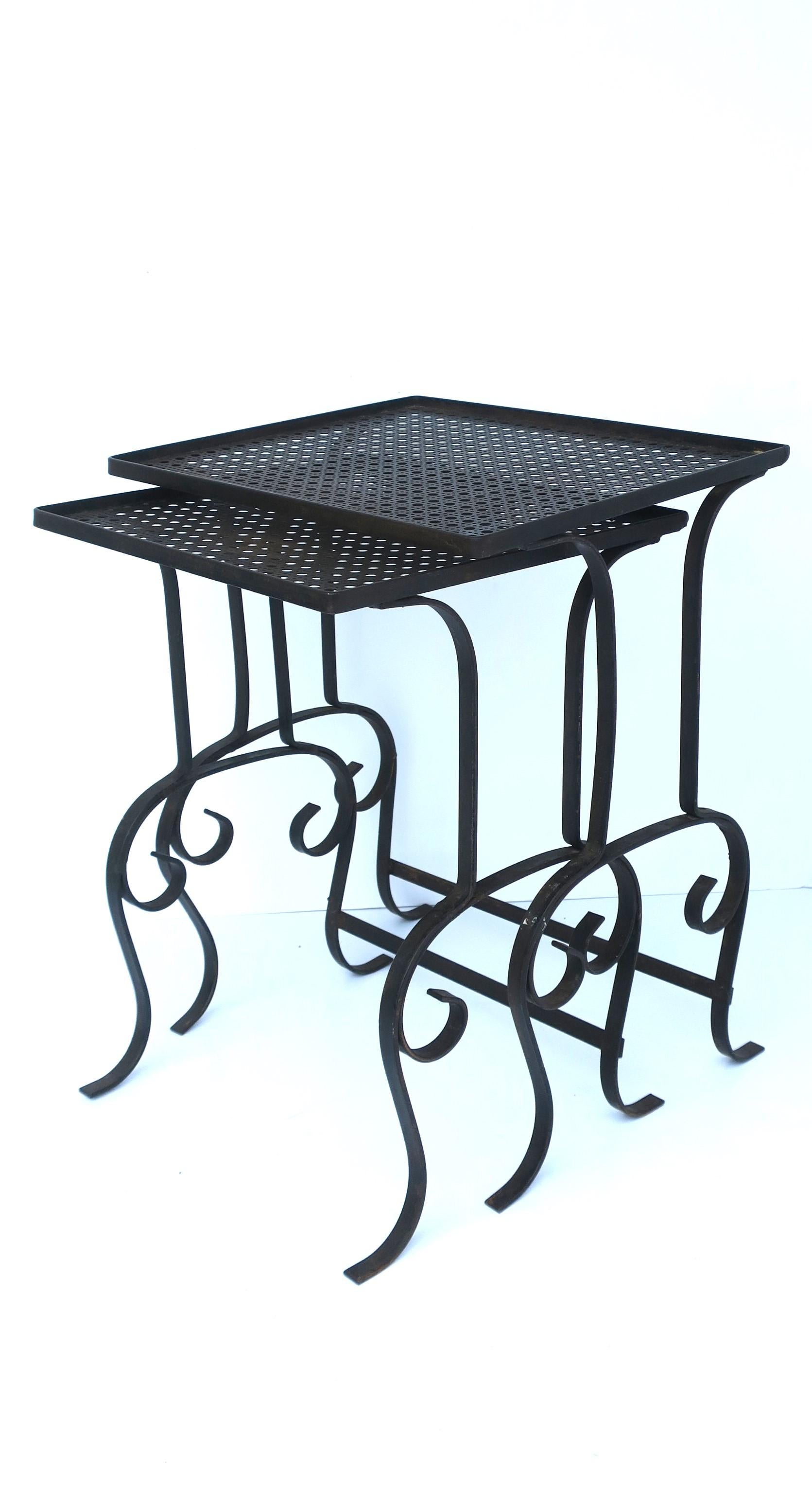 Iron Outdoor Side Drinks Nesting Tables with Metal Cane Tops, Set/Pair For Sale