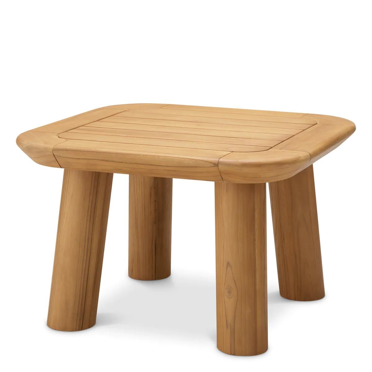 The outdoor side table features natural teak wood, offering a perfect balance of durability and refined elegance for any outdoor setting. This natural teak side table displays warm golden hues and a smooth square shape, making it a versatile and