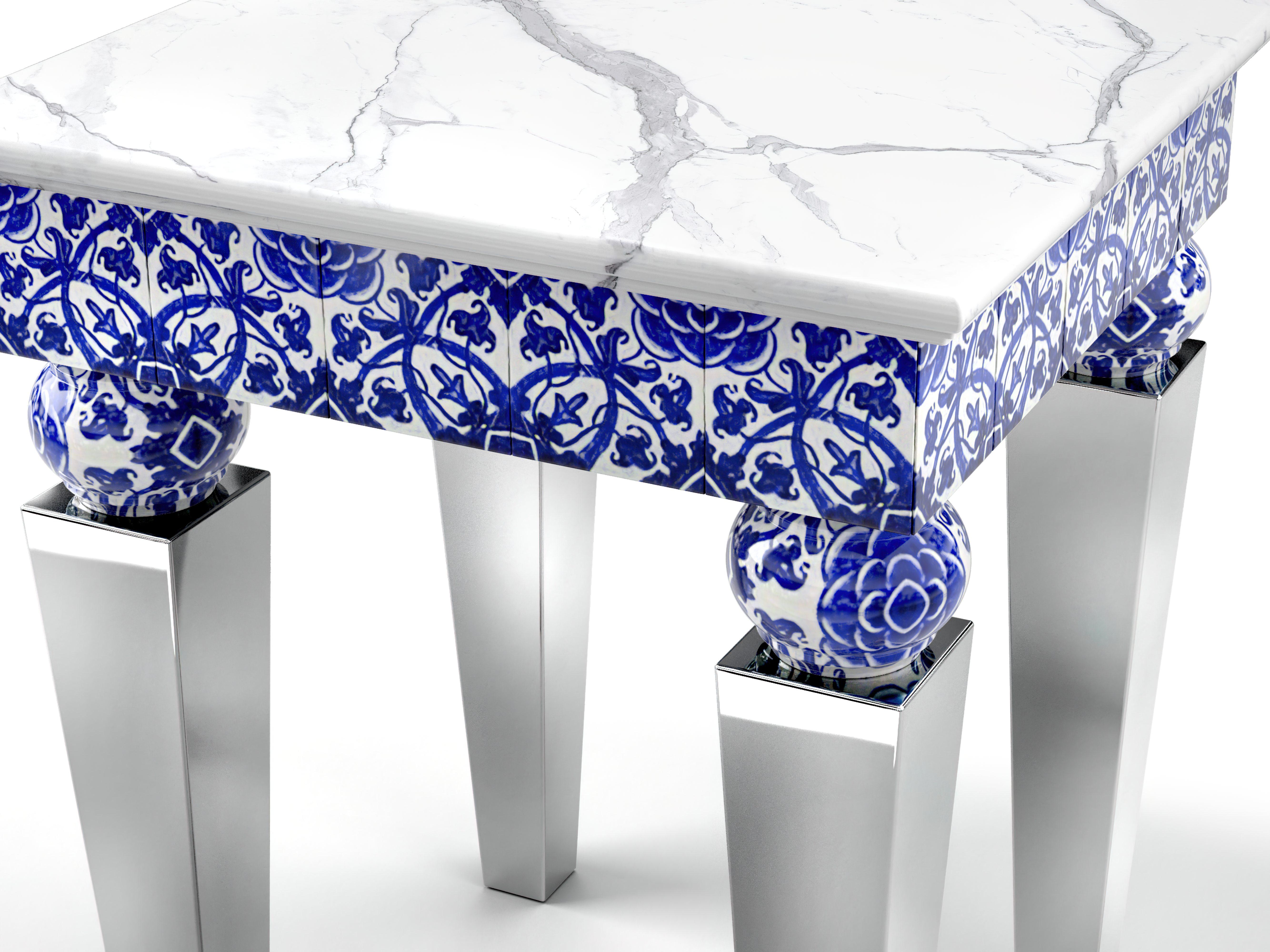 Hand-Crafted Side Table White Marble Top Mirror Steel Legs Green Majolica Tiles, Also Outdoor For Sale