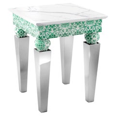 Side or End Table Marble Top, Majolica Tiles, Mirror Finish Steel, Also Outdoor
