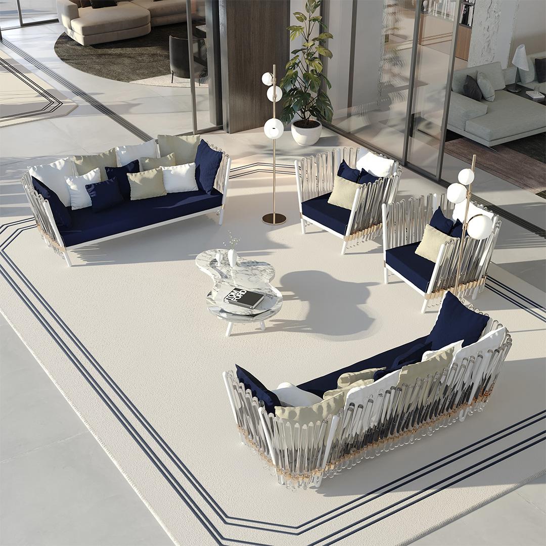 Portuguese Outdoor Sofa with Gold Plated Details and Waterproof fabrics in white and blue For Sale