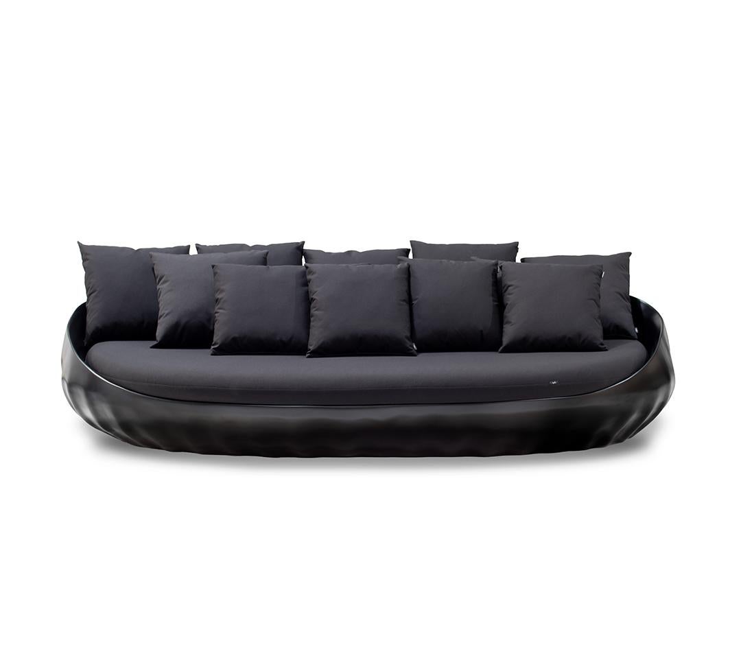 Modern Outdoor Sofa in Fiberglass with Black Lacquer Finish and Waterproof Black Fabric For Sale
