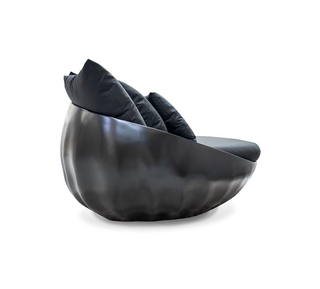 Portuguese Outdoor Sofa in Fiberglass with Black Lacquer Finish and Waterproof Black Fabric For Sale