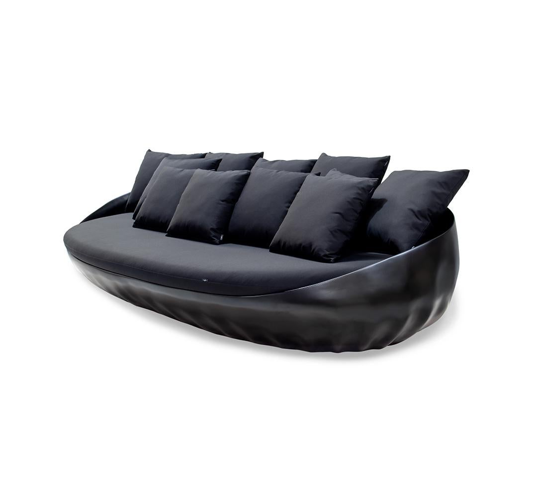 Lacquered Outdoor Sofa in Fiberglass with Black Lacquer Finish and Waterproof Black Fabric For Sale