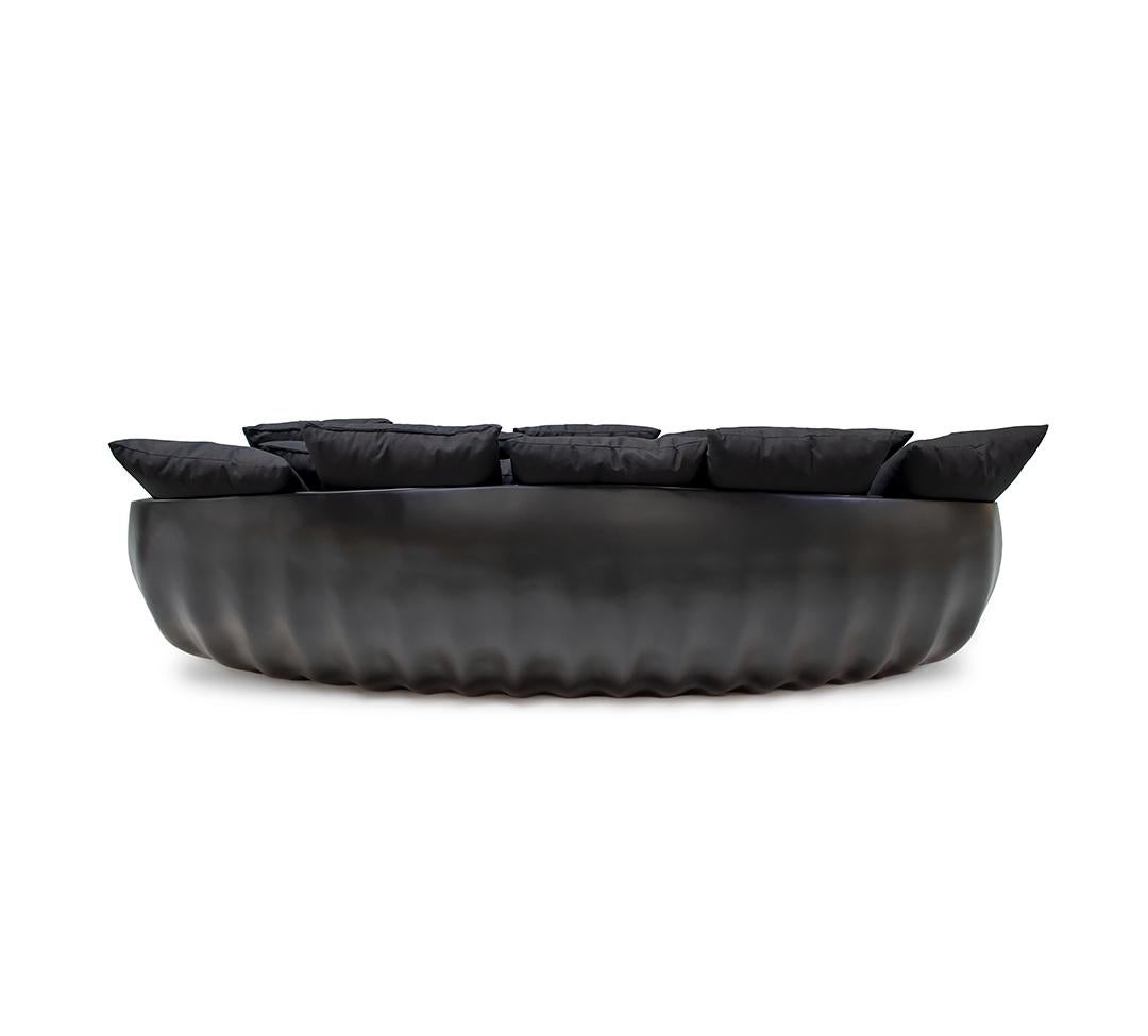 Contemporary Outdoor Sofa in Fiberglass with Black Lacquer Finish and Waterproof Black Fabric For Sale