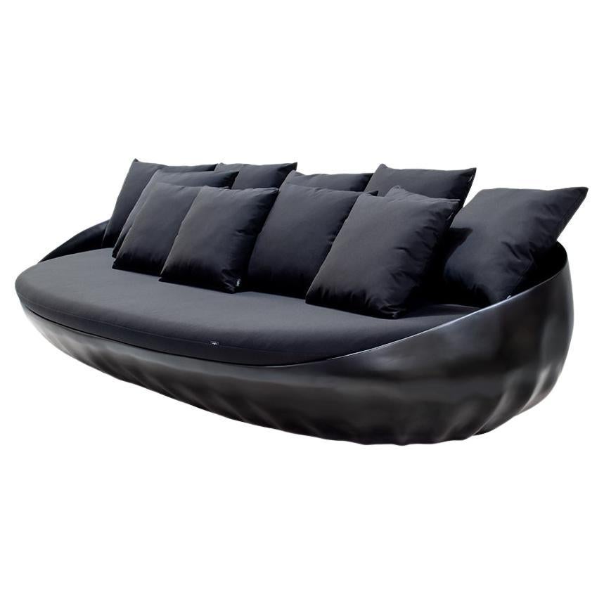 Outdoor Sofa in Fiberglass with Black Lacquer Finish and Waterproof Black Fabric For Sale